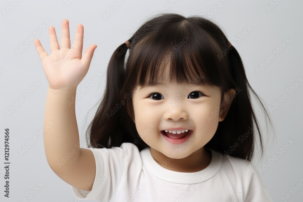 Cheerful Asian Toddler Girl with Raised Hands, Isolated on Grey Background - Smiling Cute Brunette Child in Summer Cheerful Asian Toddler Girl with Raised Hands, Isolated on Grey Background - Smiling Cute Brunette Child in Summer