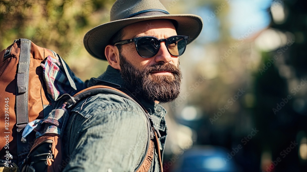 A bearded man with a hat and sunglasses, wearing an backpack A bearded man with a hat and sunglasses, wearing an backpack