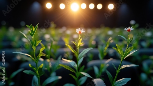 Flowers bloom in dark theater seats, spotlight photo