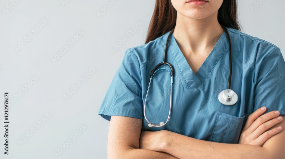 Doctor in Blue Scrubs Standing Confidently With Arms Crossed Wearing a Stethoscope in a Minimalistic Setting Doctor in Blue Scrubs Standing Confidently With Arms Crossed Wearing a Stethoscope in a Minimalistic Setting