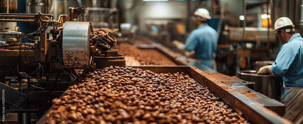 Industrial chocolate factory workers monitoring cocoa bean processing on conveyor belt in manufacturing plant with machinery and equipment