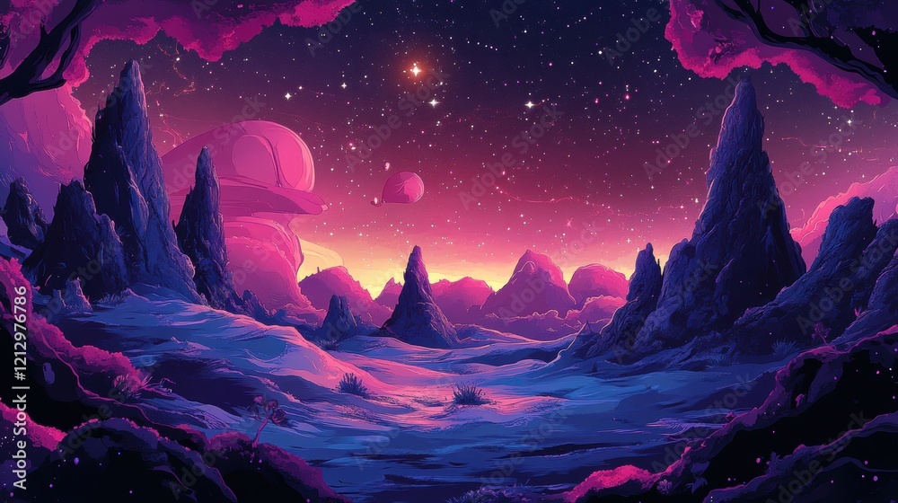 Obraz premium Alien Landscape Underneath a Starry Night Sky