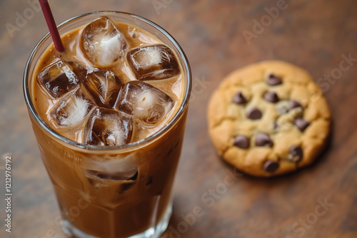 Refreshing iced coffee served with a chocolate chip cookie on a wooden table