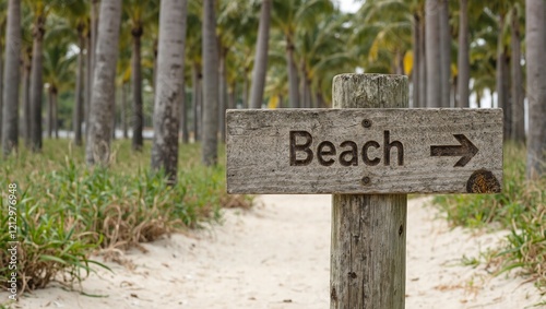 Tropical beach wooden signpost with arrow photo