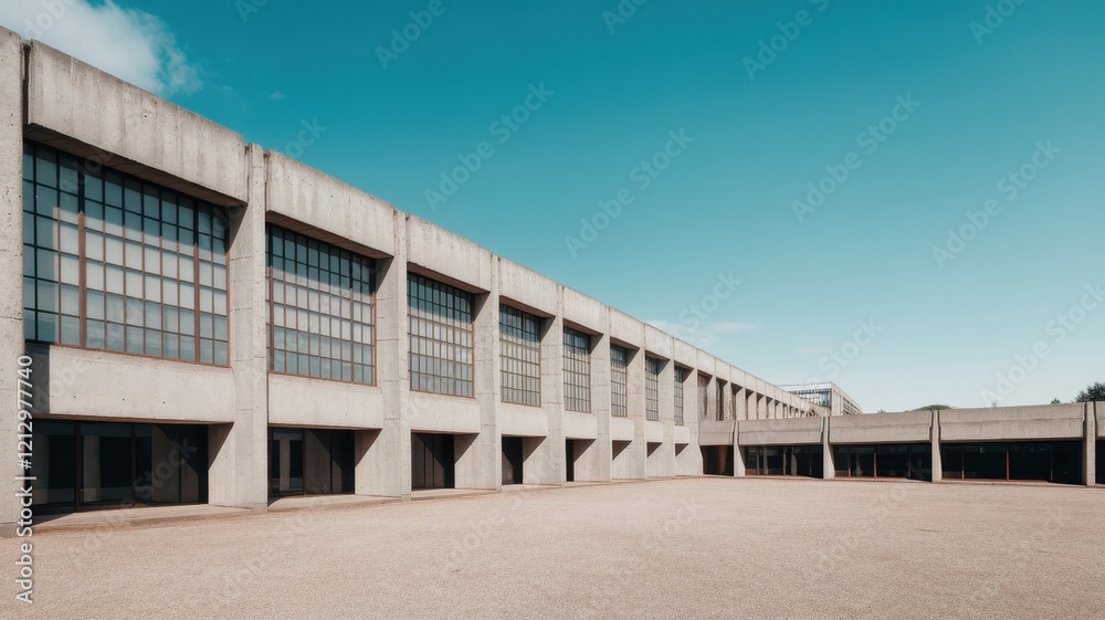 A minimalist modern building with a striking concrete façade, featuring large grid-like windows against a clear blue sky, creating a sense of openness and tranquility. A minimalist modern building with a striking concrete façade, featuring large grid-like windows against a clear blue sky, creating a sense of openness and tranquility.