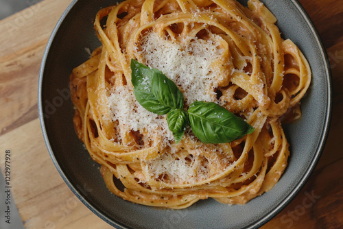 Delicious pasta dish topped with fresh basil and cheese served in a modern bowl