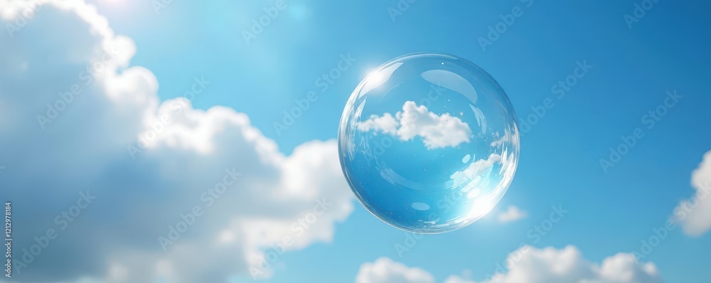 Soap bubble suspended in mid-air with cloudy blue sky reflections, mid-air, artistic composition, cloud Soap bubble suspended in mid-air with cloudy blue sky reflections, mid-air, artistic composition, cloud