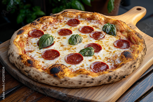 Perfectly baked pepperoni pizza topped with fresh basil on a wooden serving board