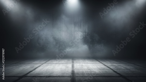 A moody, atmospheric industrial space with dim lighting and a foggy ambiance, perfect for creative staging or photography. photo