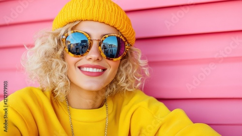 A stylish woman in a yellow outfit and sunglasses smiles against a vibrant pink background, exuding confidence and joy. photo