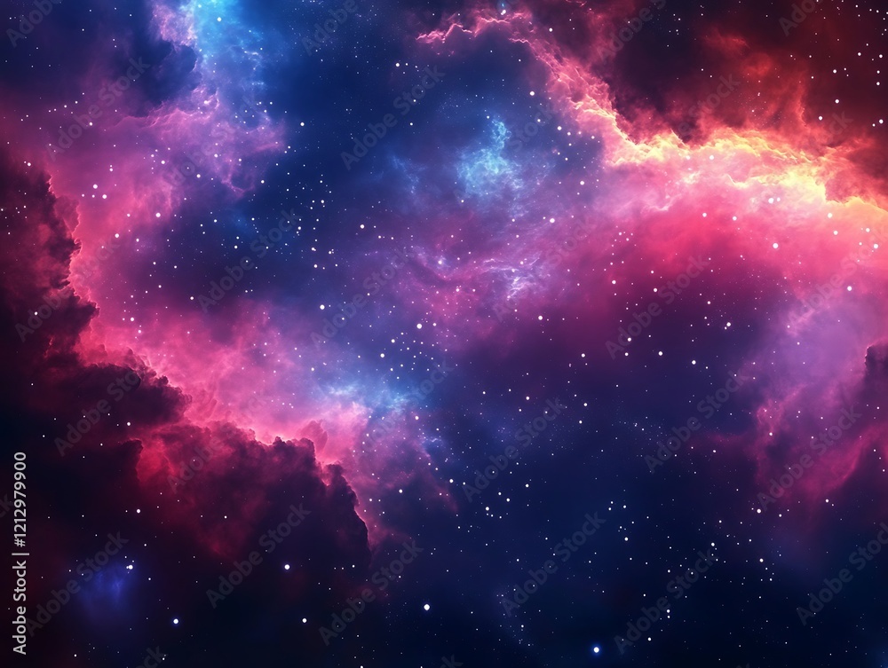 Naklejka premium Stunning Cosmic Nebula with Vibrant Swirling Clouds of Gas and Dust in Deep Space, Showcasing a Colorful Interstellar Phenomenon with Dazzling Stars