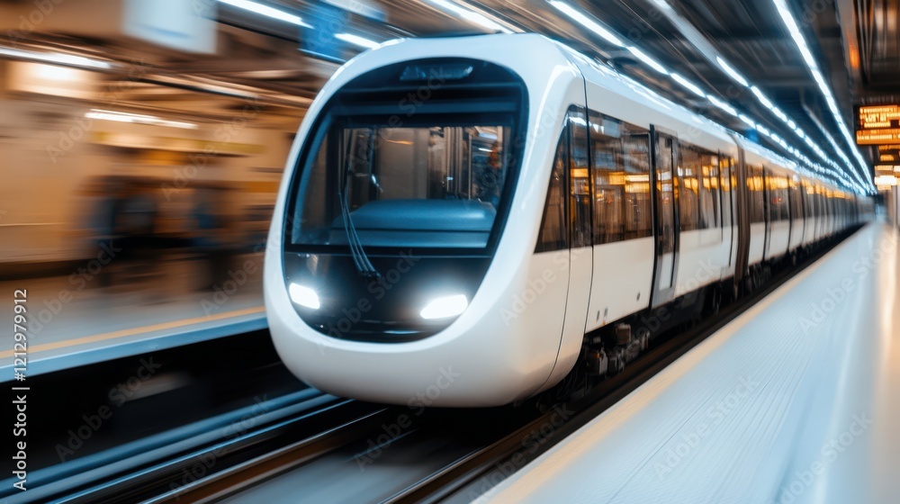 Naklejka premium A sleek, futuristic train glides speedily through an urban transit system, embodying innovation and efficiency.