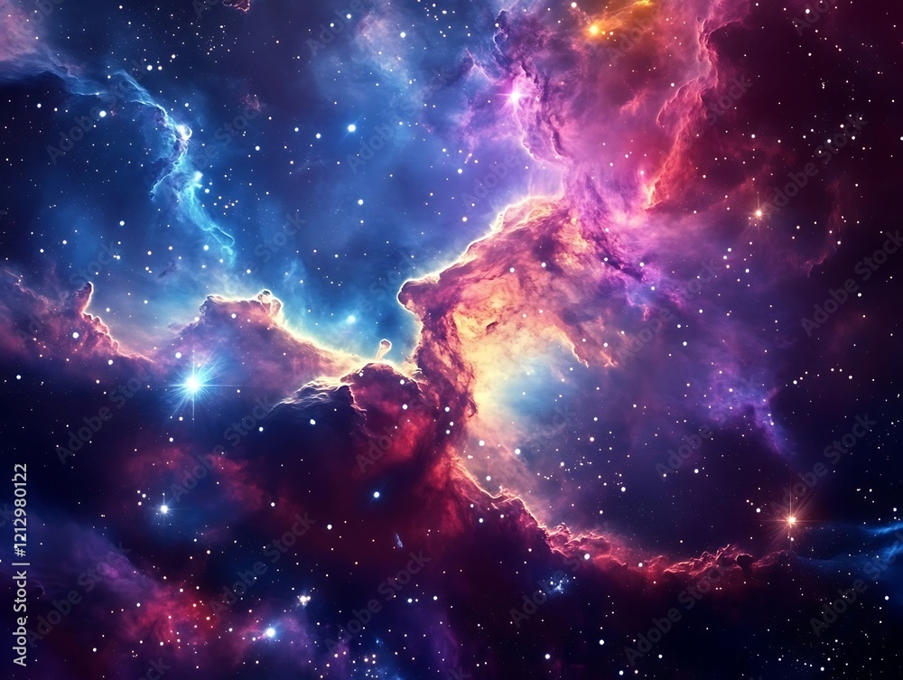 Obraz premium Stunning Cosmic Nebula with Vibrant Swirling Clouds of Gas and Dust in Deep Space, Showcasing a Colorful Interstellar Phenomenon with Dazzling Stars