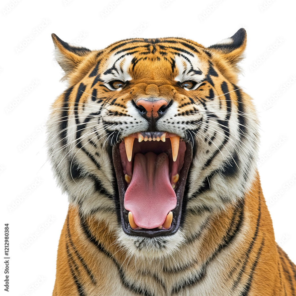 Fototapeta premium Angry tiger face roaring and open mouth, isolated on white background