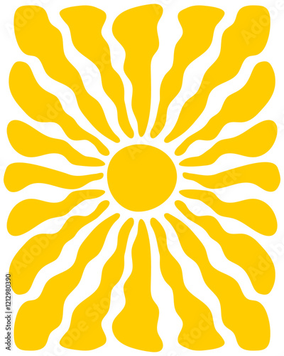 Groovy sun background. Yellow curvy rays. Preppy sunburst, sunrise or sunset poster. Happy summer theme wallpaper. Good vibes design. Trendy psychedelic print. Vector flat illustration.