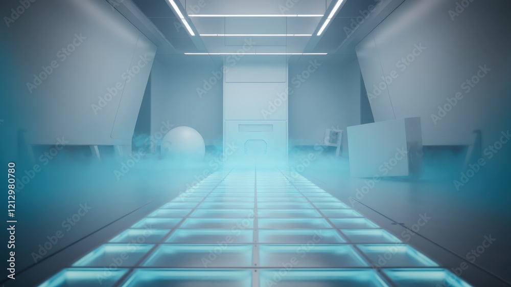 Obraz premium A futuristic hallway with glowing blue lights and a misty ambiance, creating a mysterious and high-tech atmosphere.