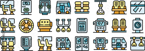 Icons depicting diverse public transport seating arrangements, amenities, and vehicle types, highlighting passenger comfort and convenience during travel