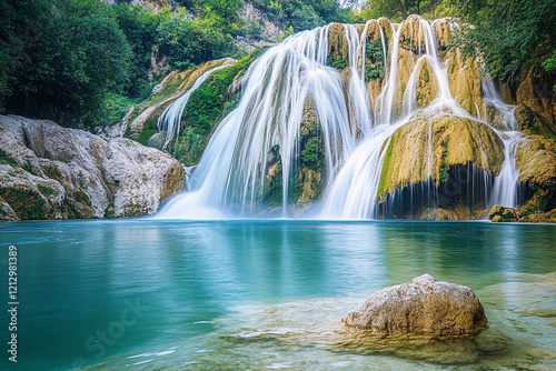 Majestic waterfall cascading into a serene turquoise pool in a lush landscape