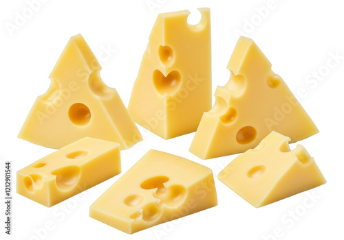 Set of triangle pieces of cheese isolated on a white background.