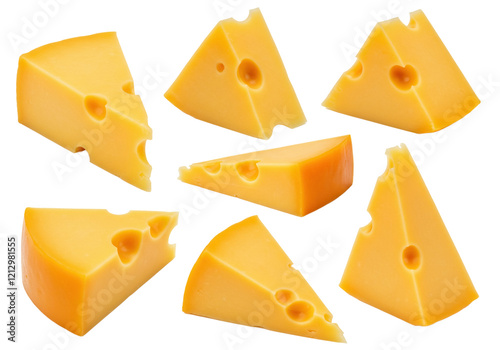 Set of triangle pieces of cheese isolated on a white background.