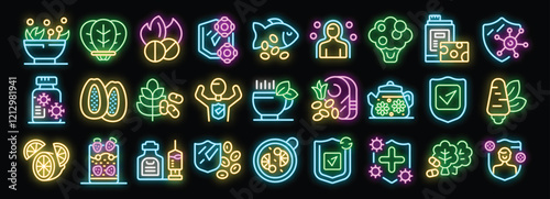 Neon icons representing healthy habits for strengthening immune system, preventing diseases and increasing body resistance