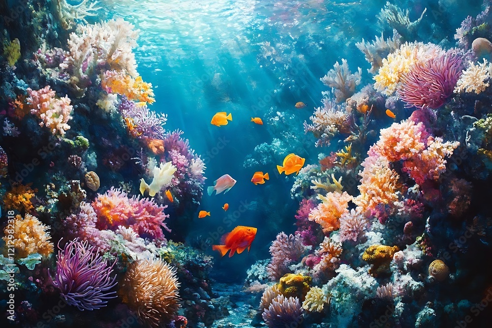 Naklejka premium Vibrant coral reef teeming with colorful fish in a sunlit ocean scene.