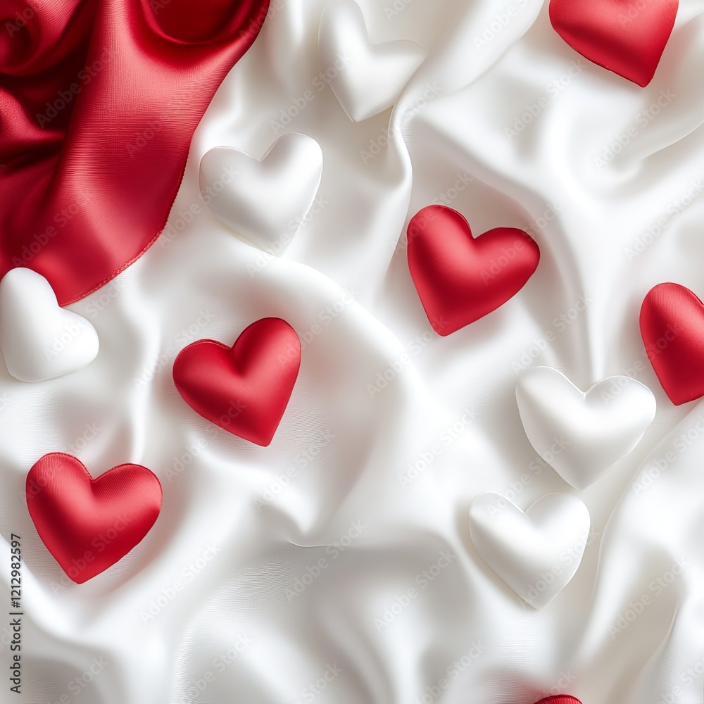 Fototapeta premium Romantic Red and White Hearts Pattern on Soft White Fabric Background, Ideal for Valentine's Day or Love-Themed Designs