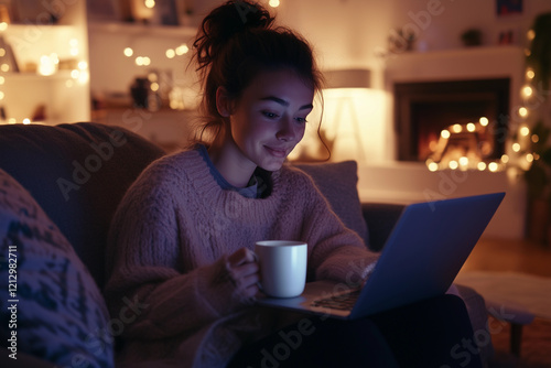 Young woman enjoying a cozy evening at home while browsing on a laptop