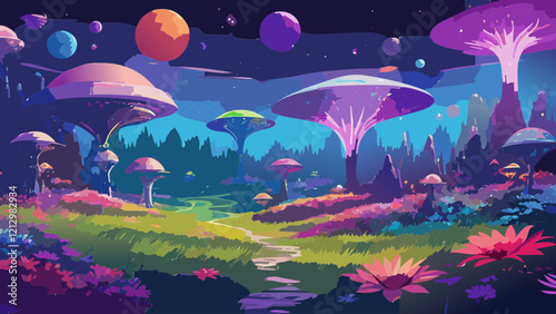 Vibrant alien landscape with floating mushrooms and colorful planets at night