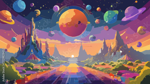 Colorful futuristic landscape with planets and a vibrant sunset in a celestial setting