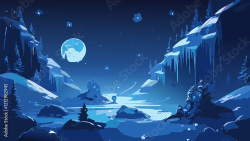 Enchanted winter landscape with moonlit river and icicles at nighttime