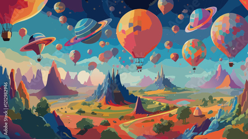 Hot air balloons float over a colorful alien landscape with planets in the sky during a vibrant sunset