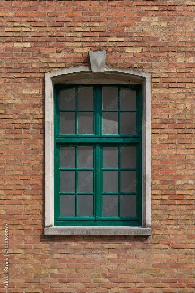 Fototapeta premium grünes Fenster und eine Fassade aus Backstein in der Altstadt von Brügge in Belgien