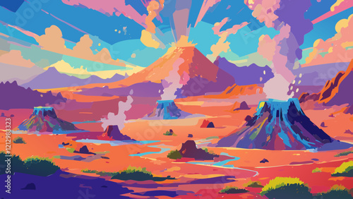 Colorful volcanic landscape with vibrant skies and erupting craters during daylight