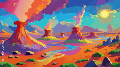 Colorful volcanic landscape with multiple eruptions and a vibrant sky during sunset