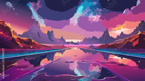 Vibrant digital landscape with mountains and a reflective lake during sunset