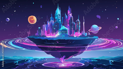 Futuristic floating city above a colorful cosmic landscape with vibrant planets and swirling orbits