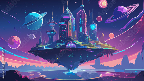Futuristic floating city in space with vibrant colors and multiple planets in the background