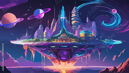 Vibrant futuristic cityscape floating in space with colorful planets and a dynamic cosmic backdrop