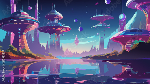 Futuristic city landscape at dusk with floating structures and serene waters reflecting a vibrant skyline