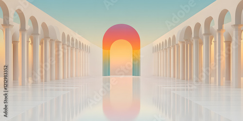 Serene architectural vista   Columns frame a vibrant sunset archway  creating a tranquil and inviting atmosphere.