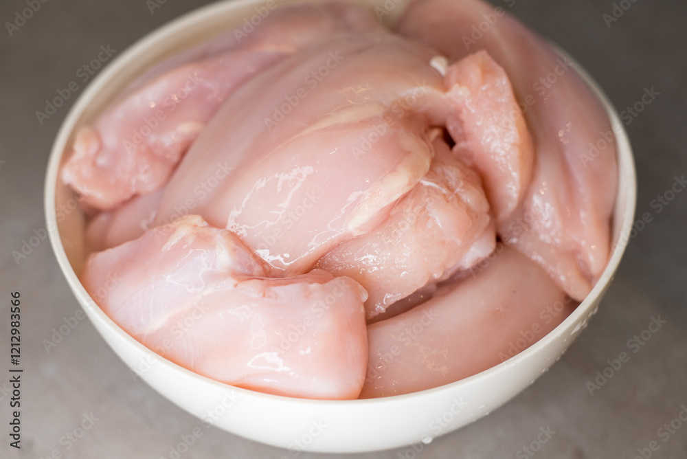 Glass jars filled with Raw chicken meat. Fresh piece of chicken fillet. Food meat protein. Glass jars filled with Raw chicken meat. Fresh piece of chicken fillet. Food meat protein.