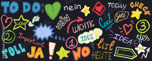 Bright elements stars, harts arrows and exclamation mark. Words in English and German. “Yes”, “no”, “important”, “today”, “cool”. Hand draw, doodle with texture, vector, isolated. photo