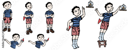 A boy with different facial expressions. Hand draw set. Vector, isolated. Artistic illustration.