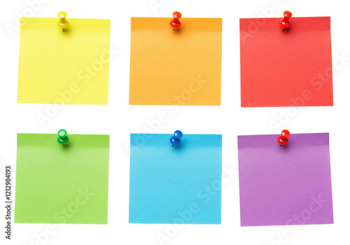 Set of colored paper notes with thumbtacks isolated on white background, photo