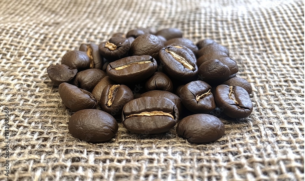 Coffee beans pile on burlap fabric, showcasing rich brown color and texture, perfect for brewing fresh coffee Coffee beans pile on burlap fabric, showcasing rich brown color and texture, perfect for brewing fresh coffee