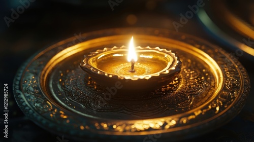 A close-up of a glowing Diwali diya sitting on a decorated brass plate with gold accents, illuminated by soft lighting photo