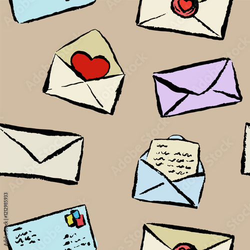 Envelopes and letters with hearts seamless pattern. Hand draw with brush texture. Vector, isolated. 