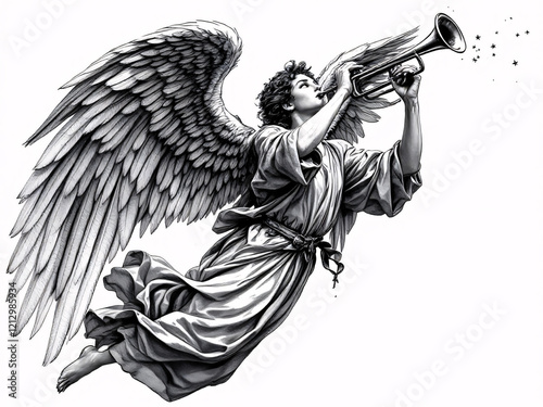 Angel with trumpet in flight.