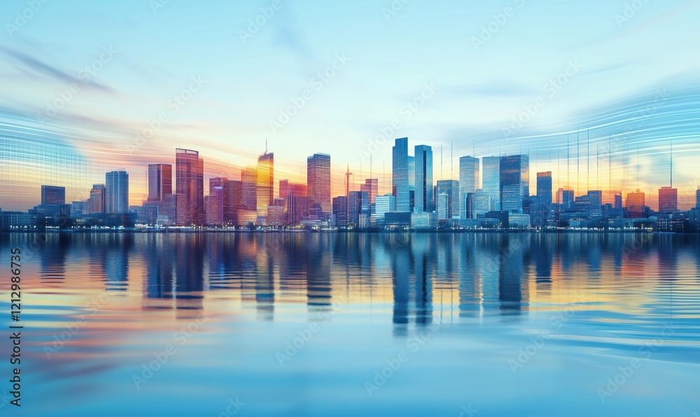 Vibrant city skyline reflection at sunset, showcasing modern architecture and serene water surface, with colorful hues and dynamic light patterns Vibrant city skyline reflection at sunset, showcasing modern architecture and serene water surface, with colorful hues and dynamic light patterns